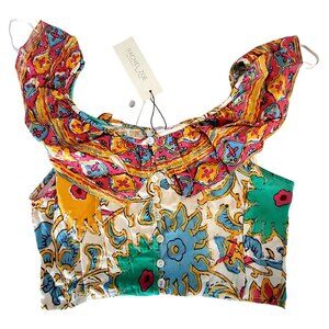 Rachel Zoe Womens Multicolor Floral Button Front Crop Top M ruffled neckline